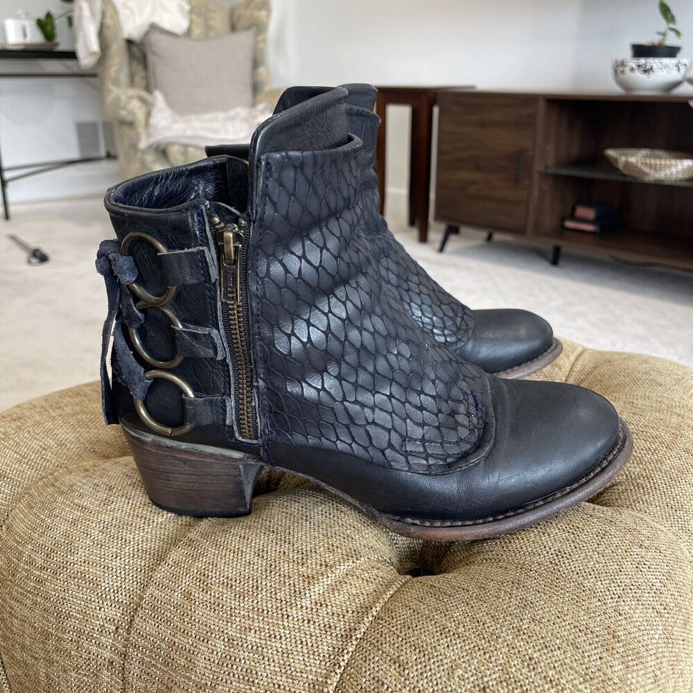 Freebird by Steven Cheri Ankle Booties Leather Tie Double Zip Women Sz 9 Black